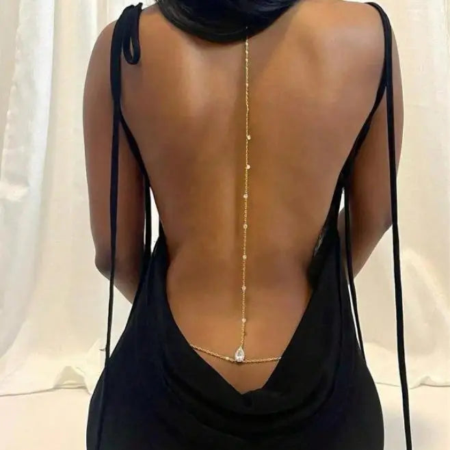 Sexy Summer Beach Back Necklace for Women Elegant Crystal Teardrop Backdrop Necklace Gold Color Bridal Back Chain Jewelry Gift