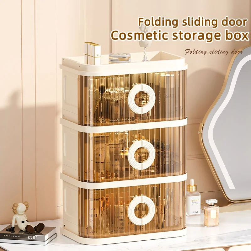 Foldable Makeup Organizer - No Assembly Rolling Cart with Sliding Doors, Large Capacity Space-Saver for Home Storage