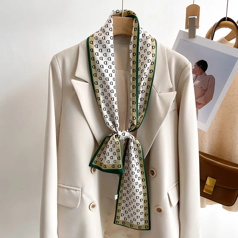 Women's Silk-Feel Printed Scarf in 50 Colors – Luxury Long Narrow Design, Perfect as a Headband or Headscarf