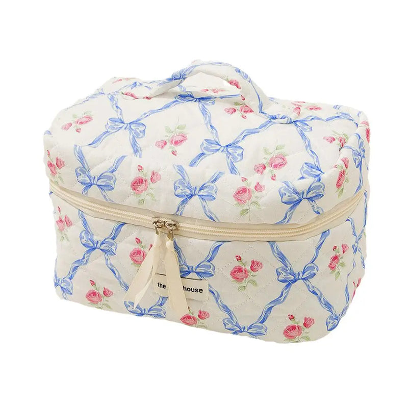 Cute Bow Flower Quilting Makeup Bag Women Zipper Cosmetic Organizer Female Cloth Handbag Portable Toiletry Case For Girls