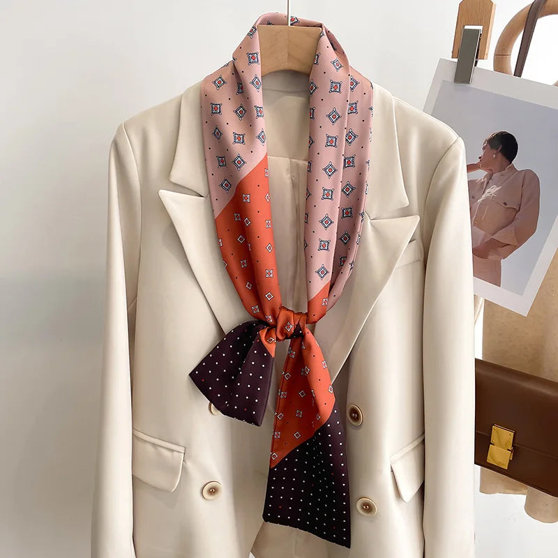 Women's Silk-Feel Printed Scarf in 50 Colors – Luxury Long Narrow Design, Perfect as a Headband or Headscarf