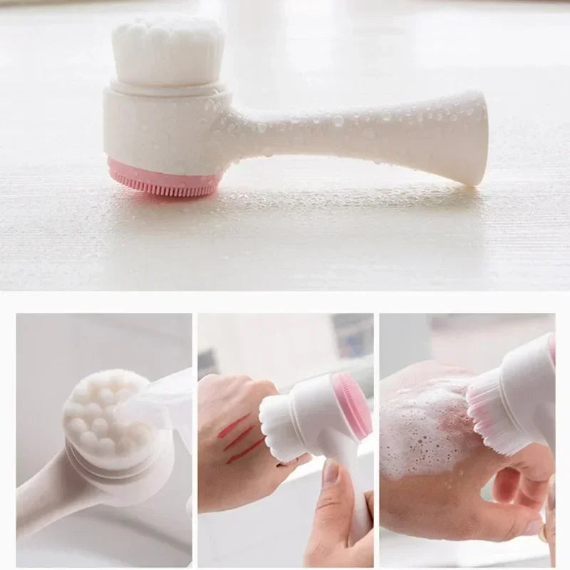 3D Double Manual Massage Facial Brush Soft Bristles Exfoliator Double Sided Face Wash Brush Silicone Facial Cleansing Brush