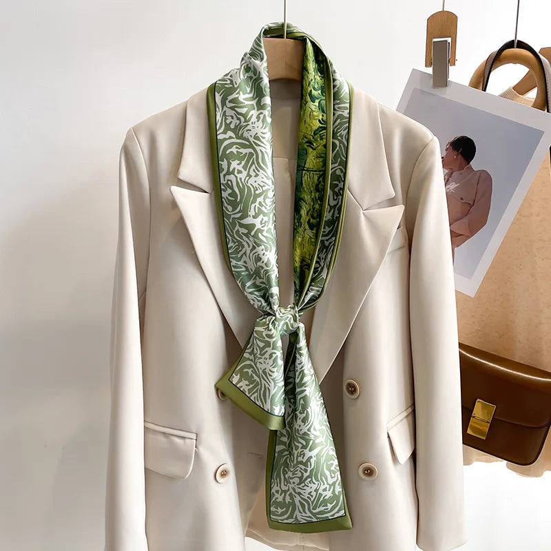 Women's Silk-Feel Printed Scarf in 50 Colors – Luxury Long Narrow Design, Perfect as a Headband or Headscarf