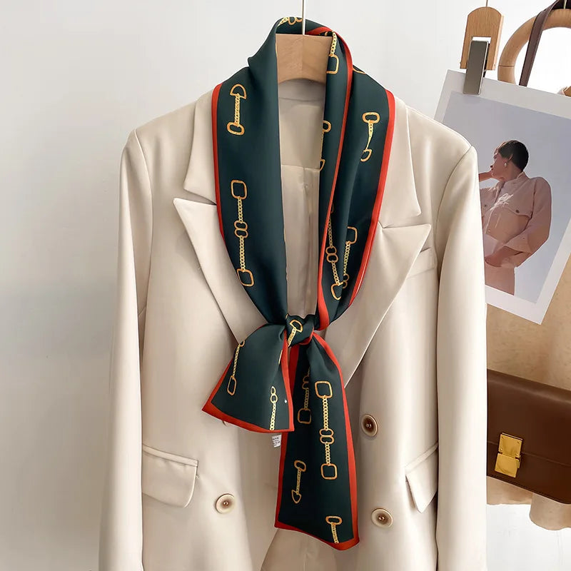 Women's Silk-Feel Printed Scarf in 50 Colors – Luxury Long Narrow Design, Perfect as a Headband or Headscarf