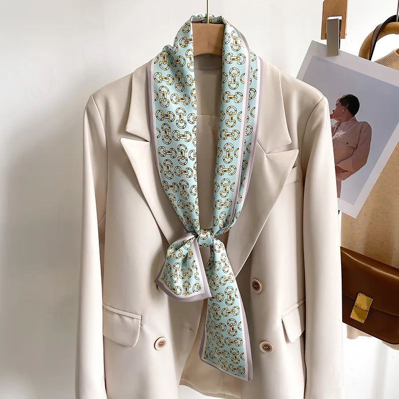 Women's Silk-Feel Printed Scarf in 50 Colors – Luxury Long Narrow Design, Perfect as a Headband or Headscarf