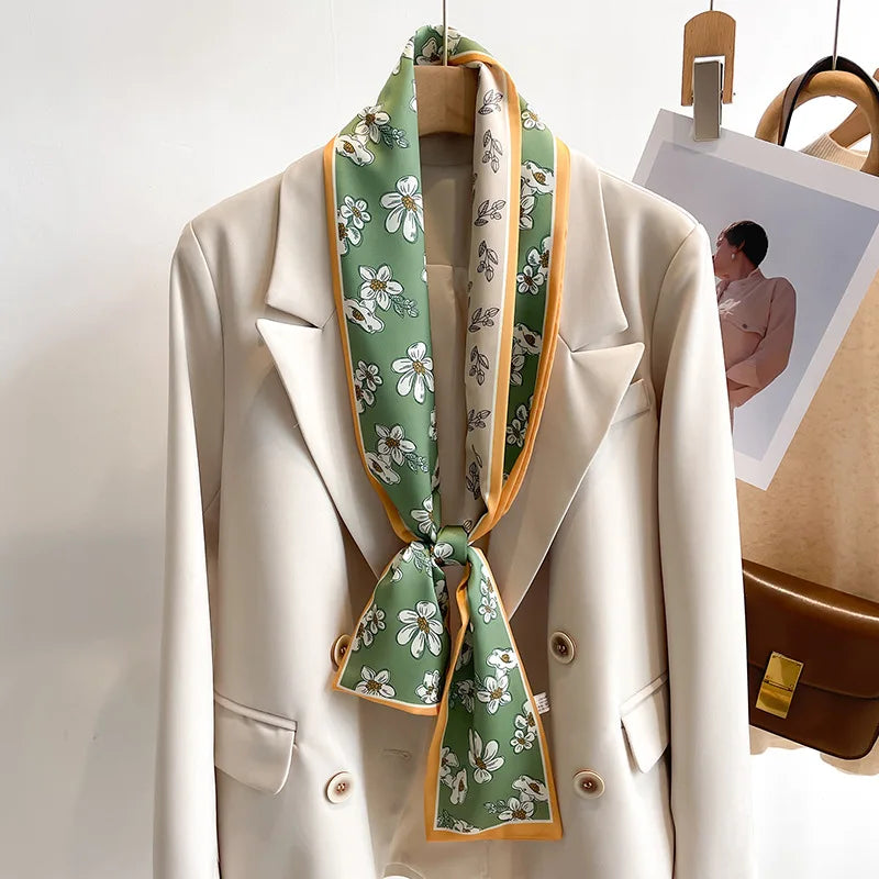 Women's Silk-Feel Printed Scarf in 50 Colors – Luxury Long Narrow Design, Perfect as a Headband or Headscarf