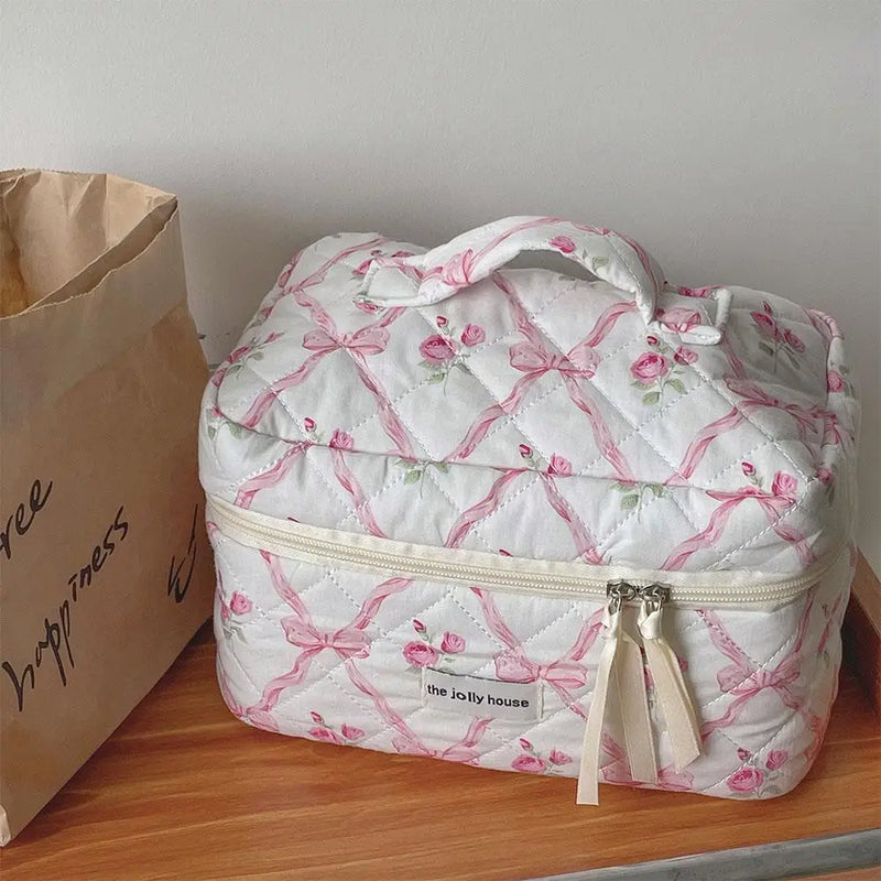 Cute Bow Flower Quilting Makeup Bag Women Zipper Cosmetic Organizer Female Cloth Handbag Portable Toiletry Case For Girls