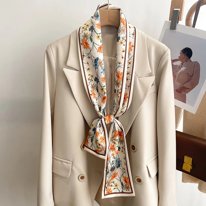 Women's Silk-Feel Printed Scarf in 50 Colors – Luxury Long Narrow Design, Perfect as a Headband or Headscarf