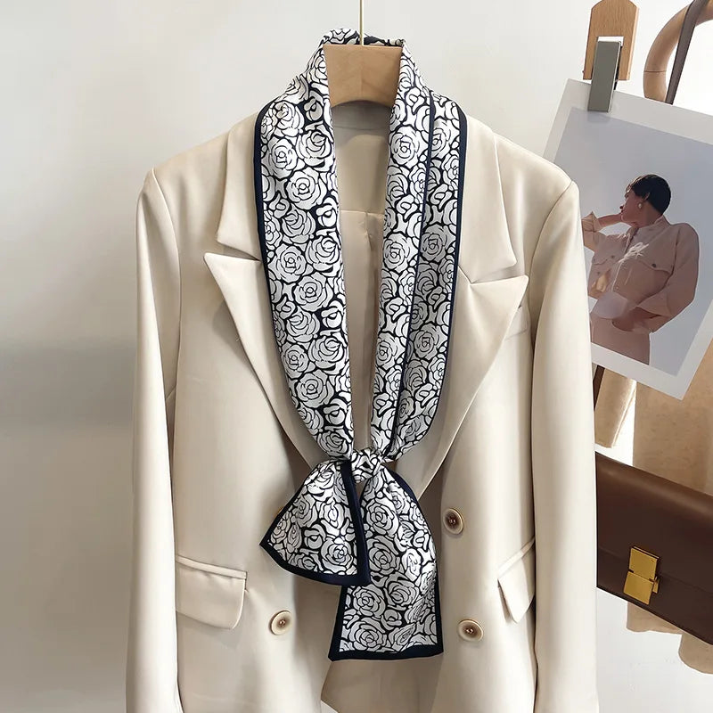 Women's Silk-Feel Printed Scarf in 50 Colors – Luxury Long Narrow Design, Perfect as a Headband or Headscarf