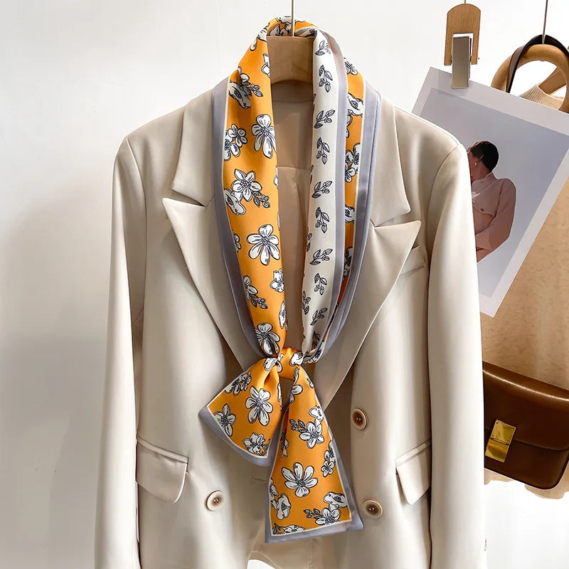 Women's Silk-Feel Printed Scarf in 50 Colors – Luxury Long Narrow Design, Perfect as a Headband or Headscarf