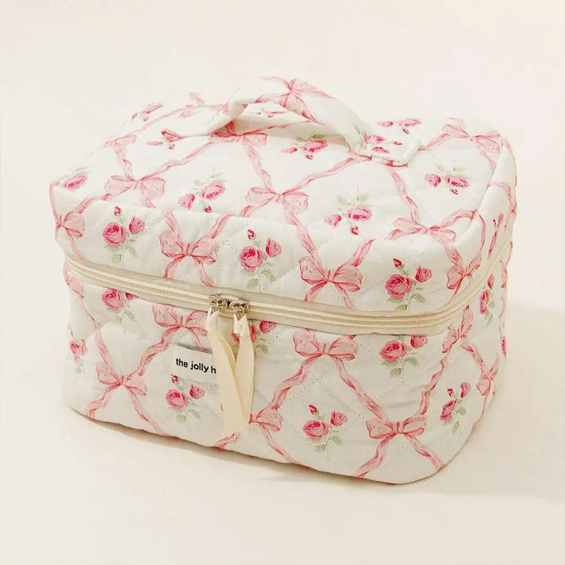 Cute Bow Flower Quilting Makeup Bag Women Zipper Cosmetic Organizer Female Cloth Handbag Portable Toiletry Case For Girls