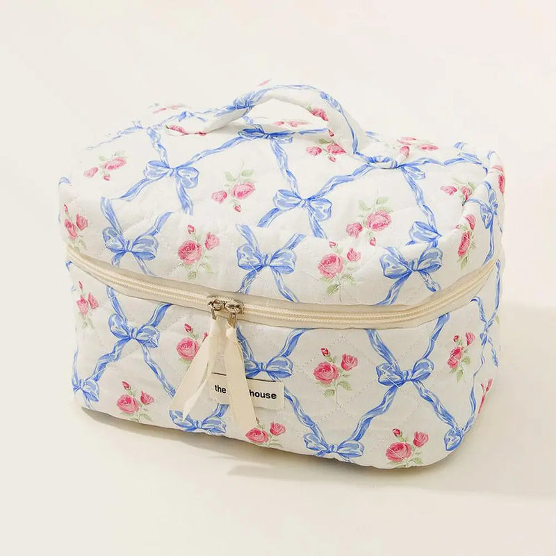 Cute Bow Flower Quilting Makeup Bag Women Zipper Cosmetic Organizer Female Cloth Handbag Portable Toiletry Case For Girls