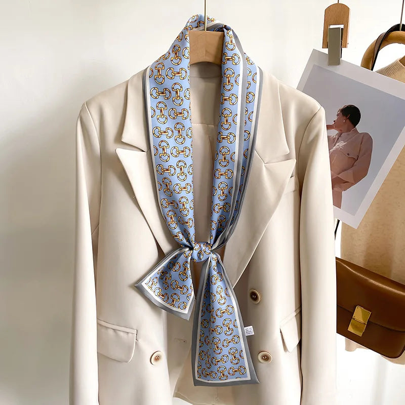 Women's Silk-Feel Printed Scarf in 50 Colors – Luxury Long Narrow Design, Perfect as a Headband or Headscarf