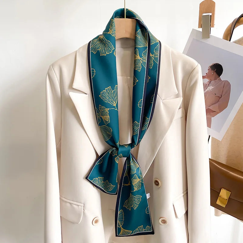 Women's Silk-Feel Printed Scarf in 50 Colors – Luxury Long Narrow Design, Perfect as a Headband or Headscarf