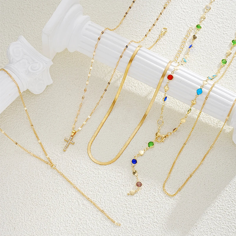 5pcs Vintage Metal Cross Pendant Y-Necklace Set for Women Boho Colorful Crystal Pendant Necklaces Daily Vacation Dating Jewelry