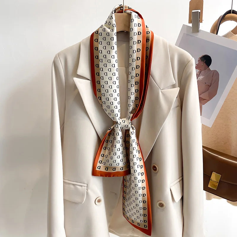 Women's Silk-Feel Printed Scarf in 50 Colors – Luxury Long Narrow Design, Perfect as a Headband or Headscarf