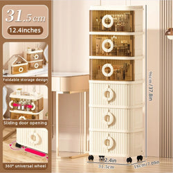 Foldable Makeup Organizer - No Assembly Rolling Cart with Sliding Doors, Large Capacity Space-Saver for Home Storage