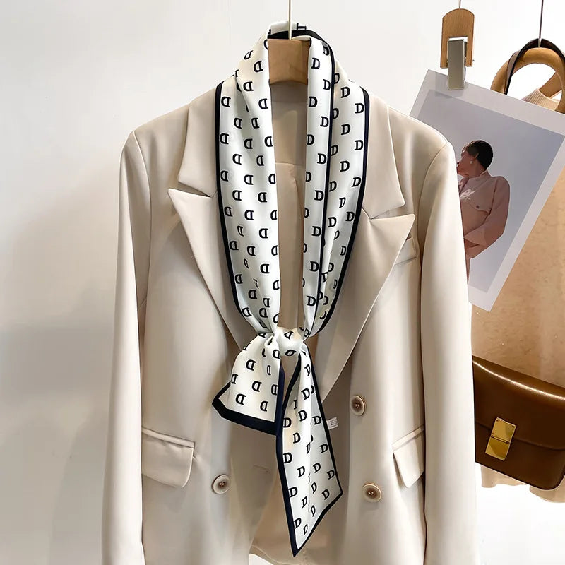 Women's Silk-Feel Printed Scarf in 50 Colors – Luxury Long Narrow Design, Perfect as a Headband or Headscarf