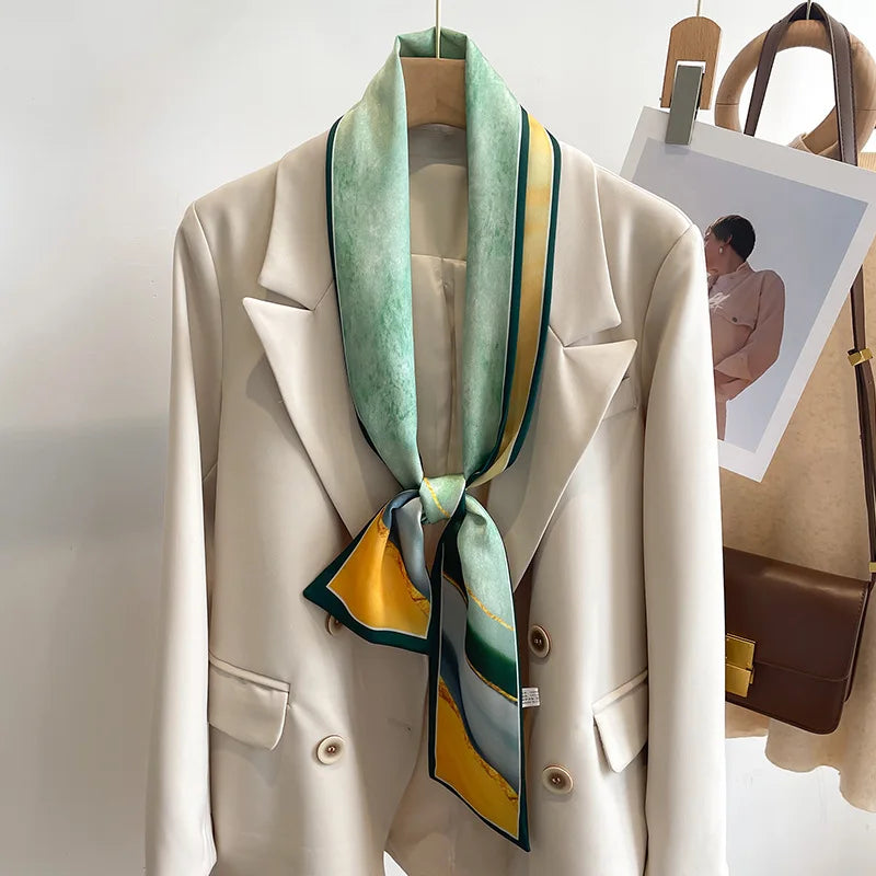 Women's Silk-Feel Printed Scarf in 50 Colors – Luxury Long Narrow Design, Perfect as a Headband or Headscarf