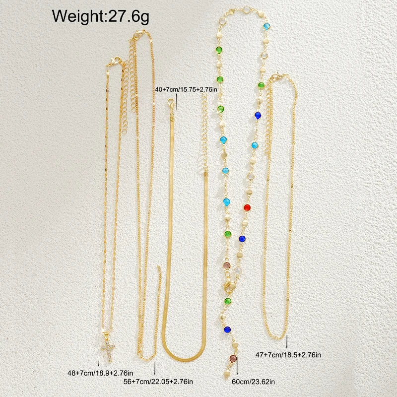 5pcs Vintage Metal Cross Pendant Y-Necklace Set for Women Boho Colorful Crystal Pendant Necklaces Daily Vacation Dating Jewelry