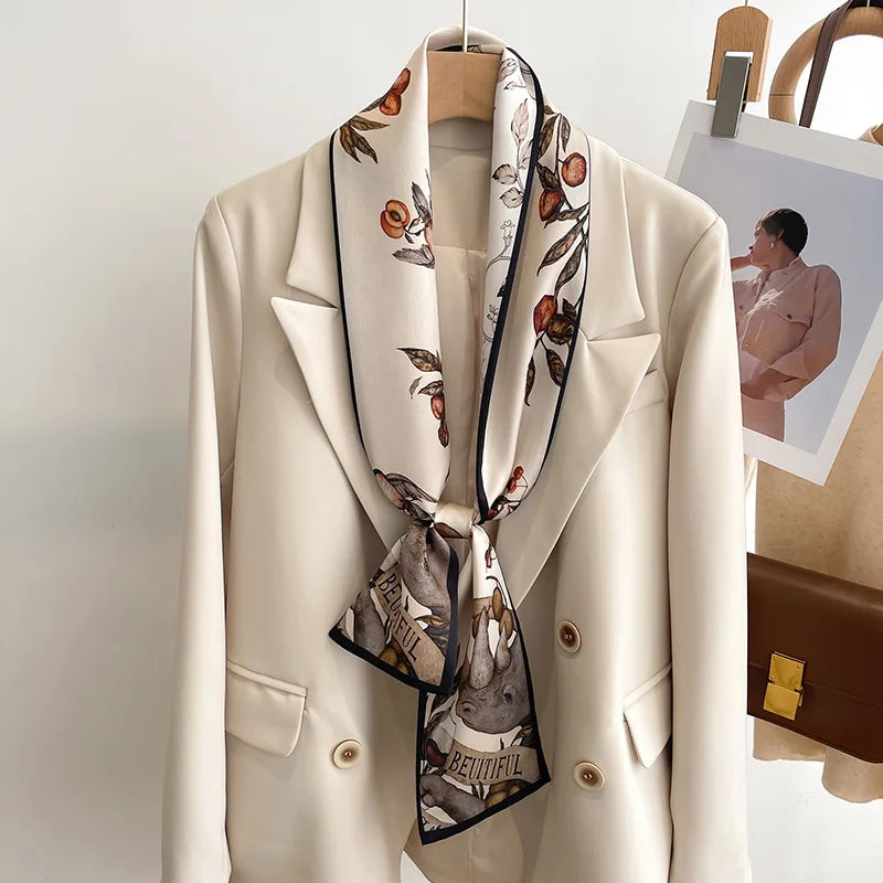 Women's Silk-Feel Printed Scarf in 50 Colors – Luxury Long Narrow Design, Perfect as a Headband or Headscarf