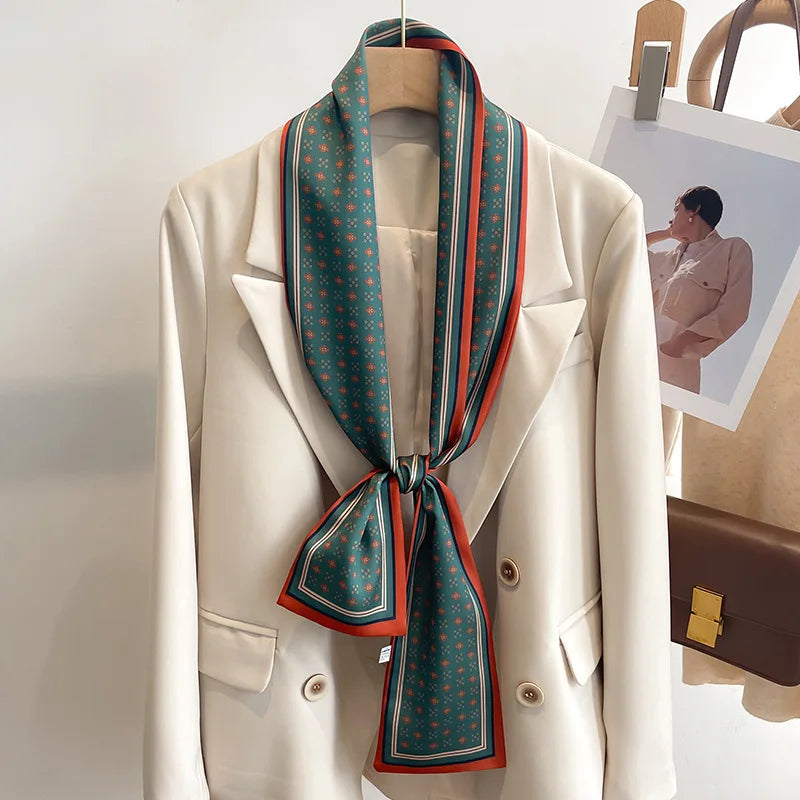 Women's Silk-Feel Printed Scarf in 50 Colors – Luxury Long Narrow Design, Perfect as a Headband or Headscarf