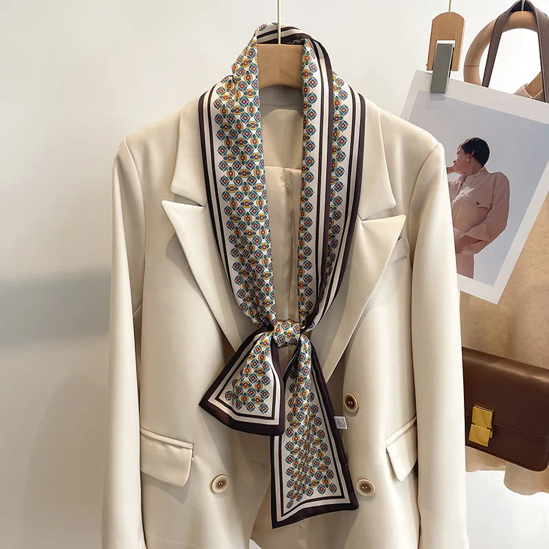 Women's Silk-Feel Printed Scarf in 50 Colors – Luxury Long Narrow Design, Perfect as a Headband or Headscarf