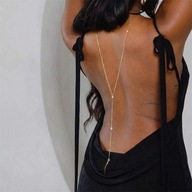 Sexy Summer Beach Back Necklace for Women Elegant Crystal Teardrop Backdrop Necklace Gold Color Bridal Back Chain Jewelry Gift