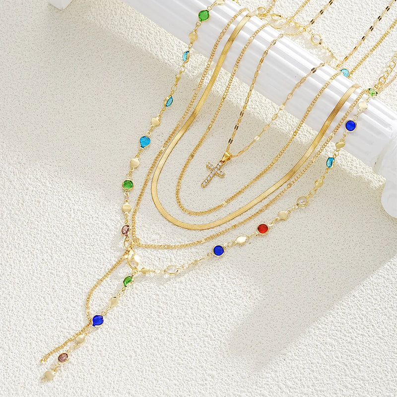 5pcs Vintage Metal Cross Pendant Y-Necklace Set for Women Boho Colorful Crystal Pendant Necklaces Daily Vacation Dating Jewelry