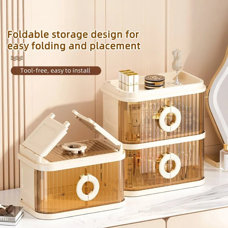 Foldable Makeup Organizer - No Assembly Rolling Cart with Sliding Doors, Large Capacity Space-Saver for Home Storage