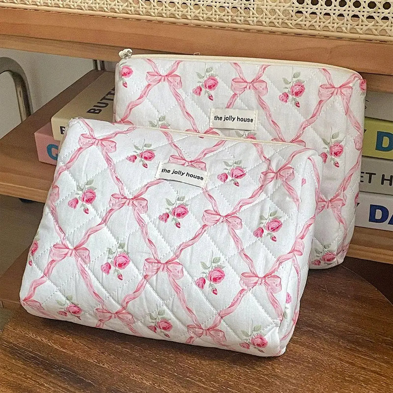 Cute Bow Flower Quilting Makeup Bag Women Zipper Cosmetic Organizer Female Cloth Handbag Portable Toiletry Case For Girls