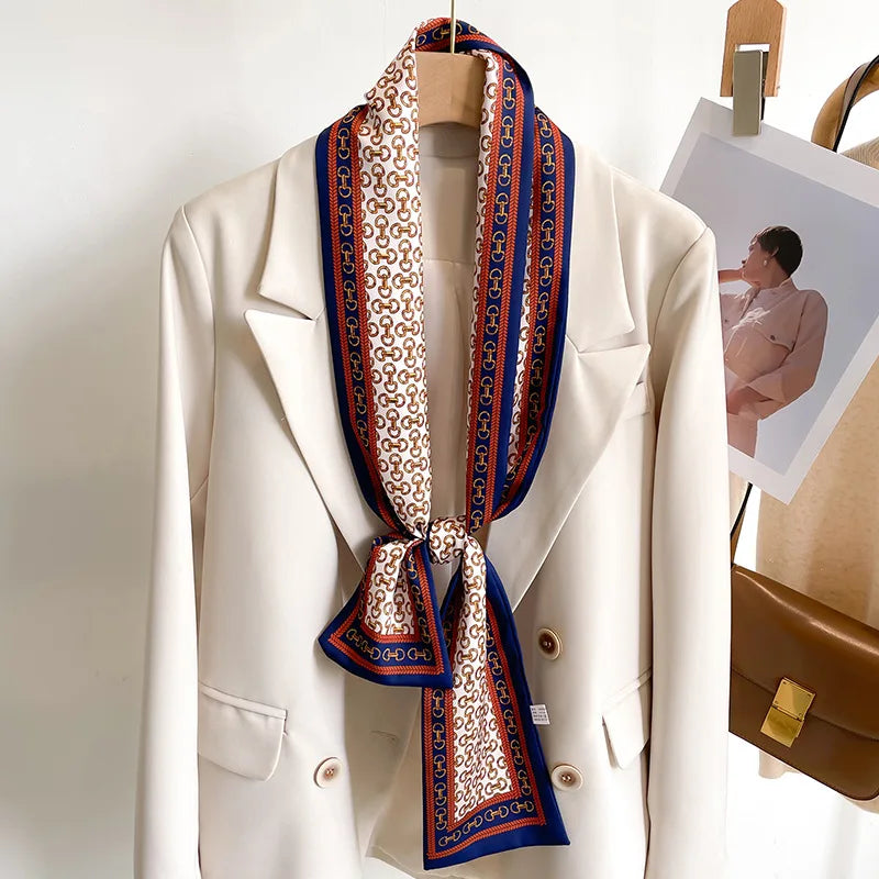 Women's Silk-Feel Printed Scarf in 50 Colors – Luxury Long Narrow Design, Perfect as a Headband or Headscarf