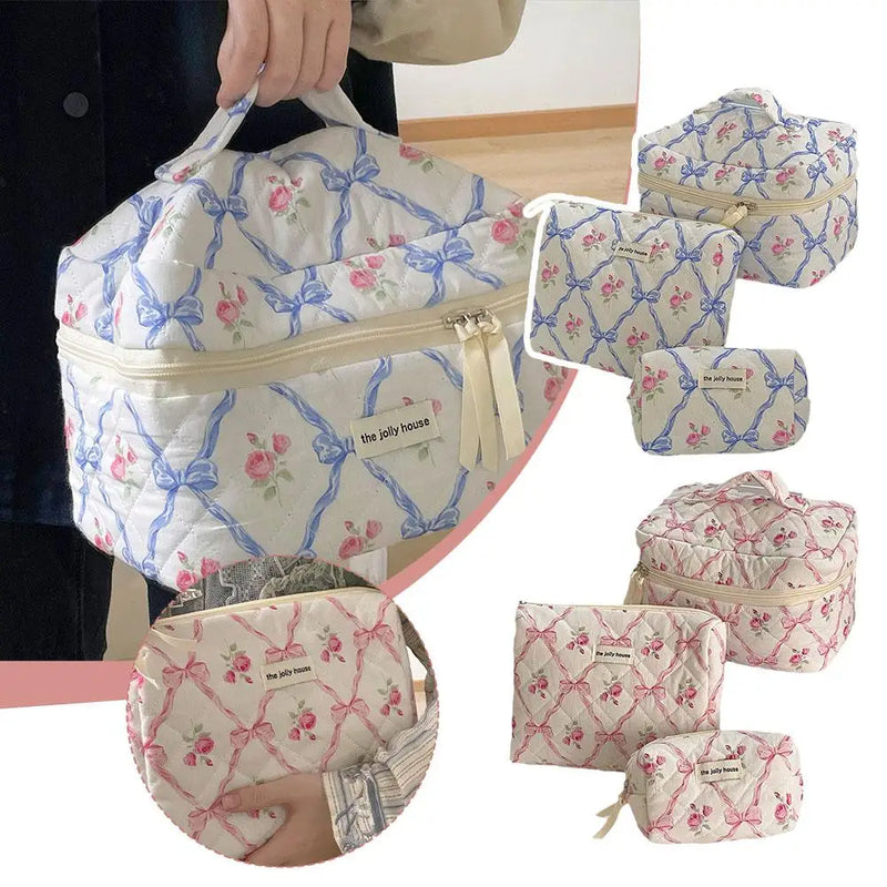Cute Bow Flower Quilting Makeup Bag Women Zipper Cosmetic Organizer Female Cloth Handbag Portable Toiletry Case For Girls