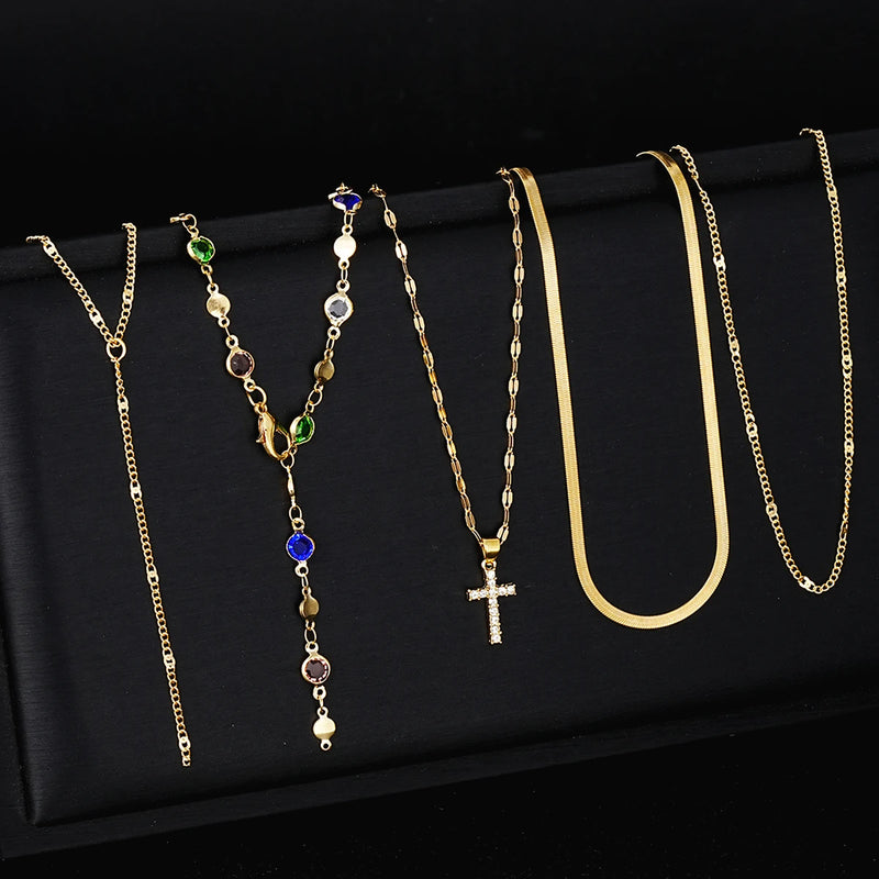 5pcs Vintage Metal Cross Pendant Y-Necklace Set for Women Boho Colorful Crystal Pendant Necklaces Daily Vacation Dating Jewelry