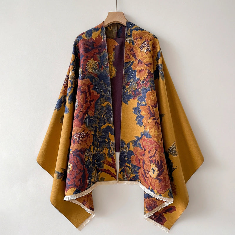 Women's Imitation Cashmere Warm Shawl Ethnic Style Cloak Fashionable Scarves Floral Print Coldproof and Windproof Scraf