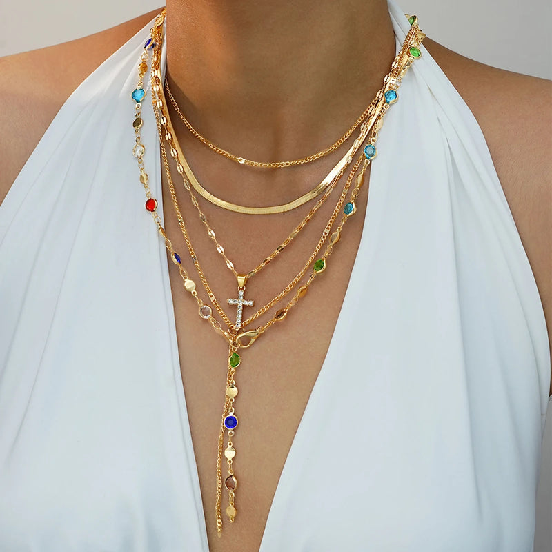 5pcs Vintage Metal Cross Pendant Y-Necklace Set for Women Boho Colorful Crystal Pendant Necklaces Daily Vacation Dating Jewelry