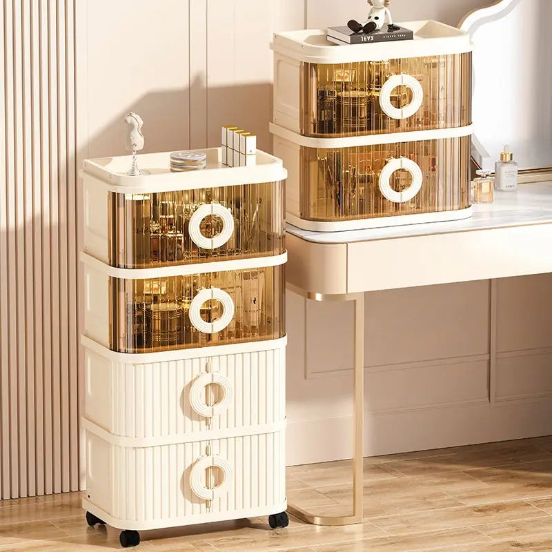 Foldable Makeup Organizer - No Assembly Rolling Cart with Sliding Doors, Large Capacity Space-Saver for Home Storage