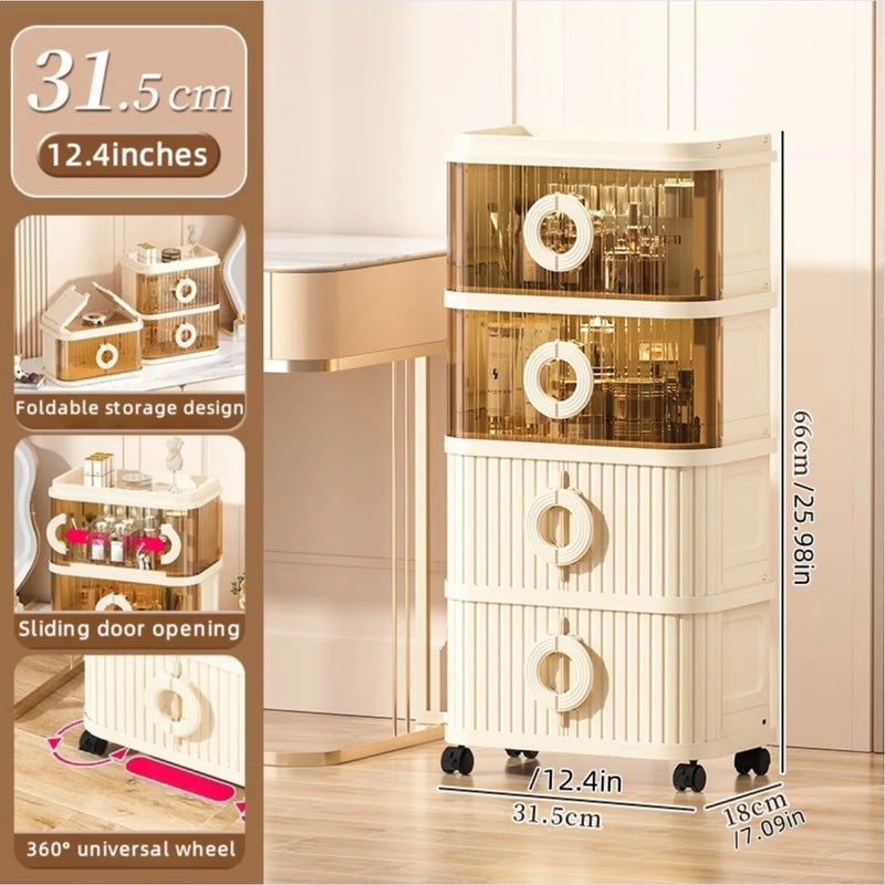 Foldable Makeup Organizer - No Assembly Rolling Cart with Sliding Doors, Large Capacity Space-Saver for Home Storage