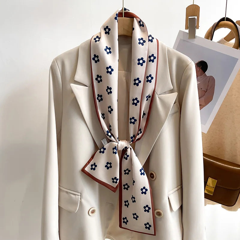 Women's Silk-Feel Printed Scarf in 50 Colors – Luxury Long Narrow Design, Perfect as a Headband or Headscarf