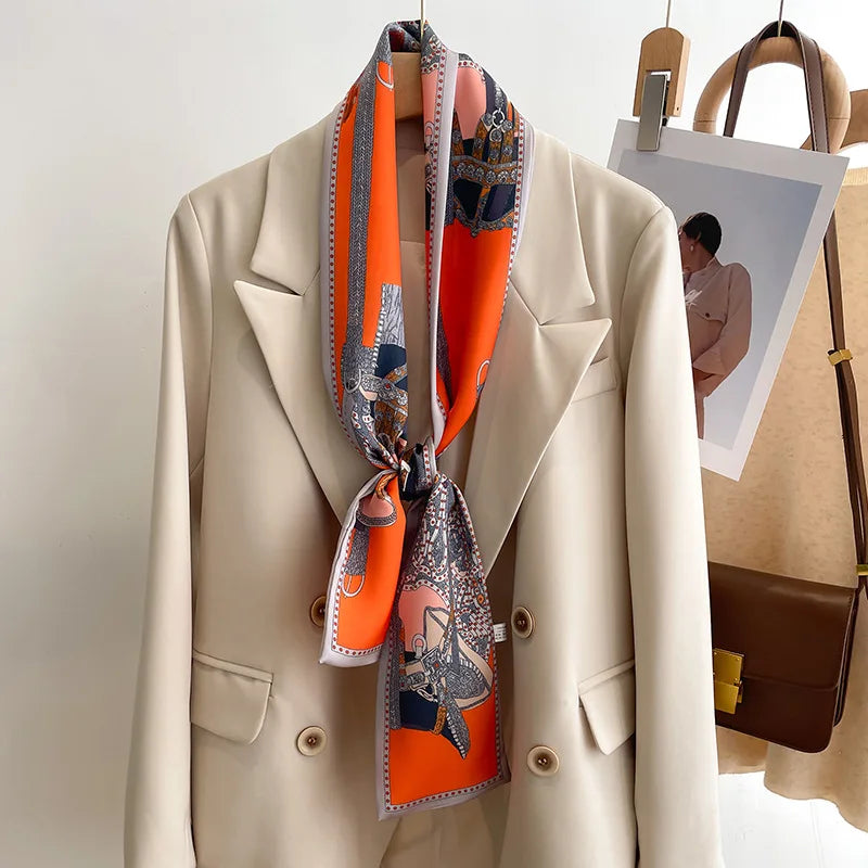 Women's Silk-Feel Printed Scarf in 50 Colors – Luxury Long Narrow Design, Perfect as a Headband or Headscarf