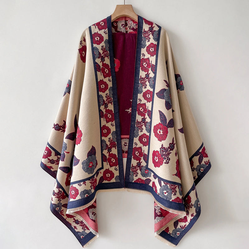 Women's Imitation Cashmere Warm Shawl Ethnic Style Cloak Fashionable Scarves Floral Print Coldproof and Windproof Scraf