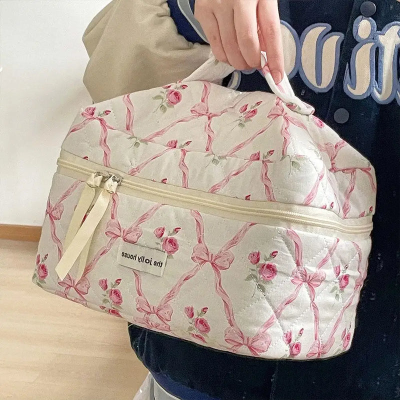 Cute Bow Flower Quilting Makeup Bag Women Zipper Cosmetic Organizer Female Cloth Handbag Portable Toiletry Case For Girls