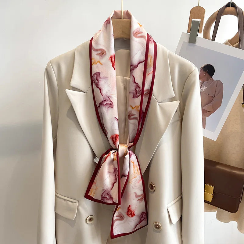 Women's Silk-Feel Printed Scarf in 50 Colors – Luxury Long Narrow Design, Perfect as a Headband or Headscarf