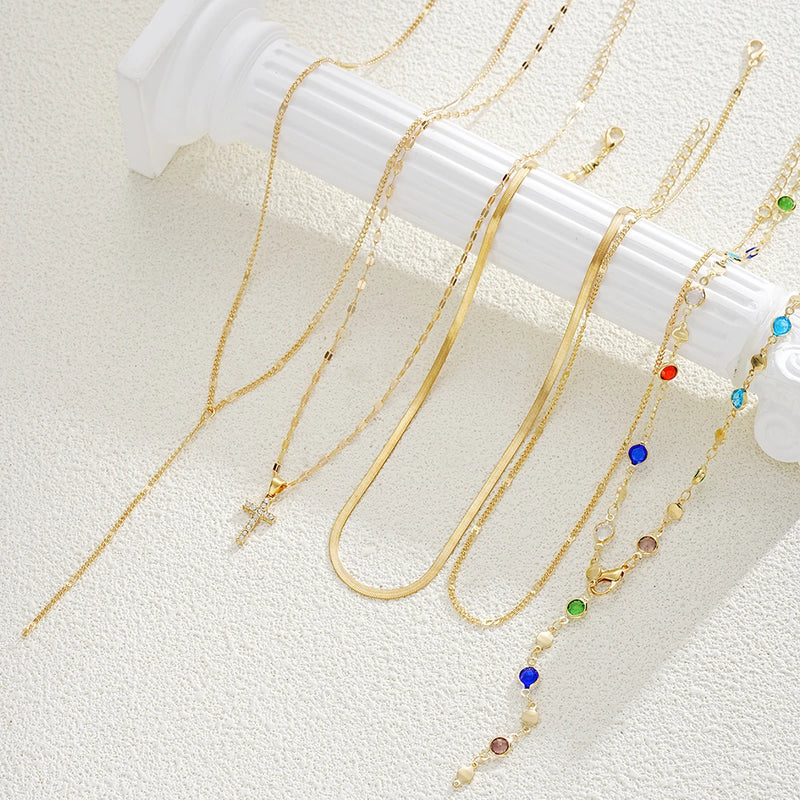 5pcs Vintage Metal Cross Pendant Y-Necklace Set for Women Boho Colorful Crystal Pendant Necklaces Daily Vacation Dating Jewelry