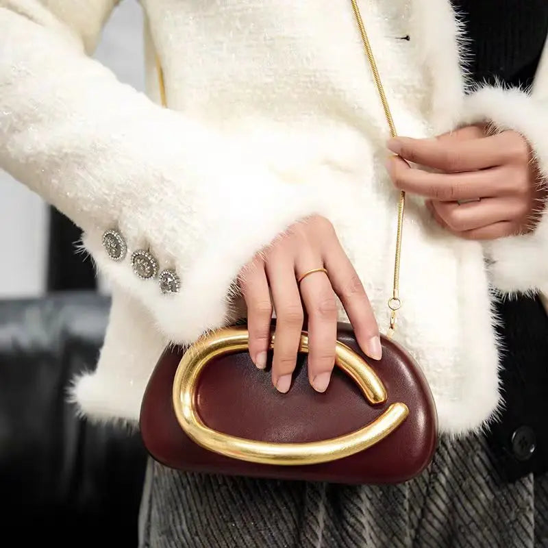 Gold Metal Closure Box Clutch Bag Women Evening Wedding Party Cute Purse Bag Handbag Dark Red Beige 2025 Spring New Fashion