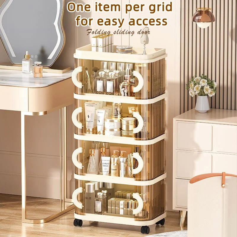 Foldable Makeup Organizer - No Assembly Rolling Cart with Sliding Doors, Large Capacity Space-Saver for Home Storage