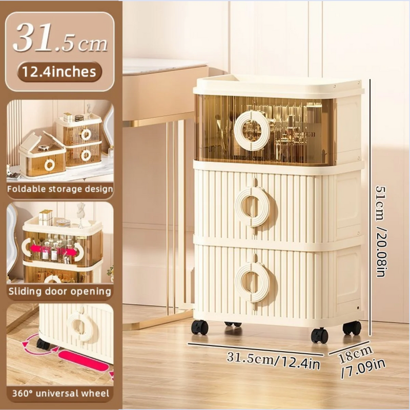 Foldable Makeup Organizer - No Assembly Rolling Cart with Sliding Doors, Large Capacity Space-Saver for Home Storage