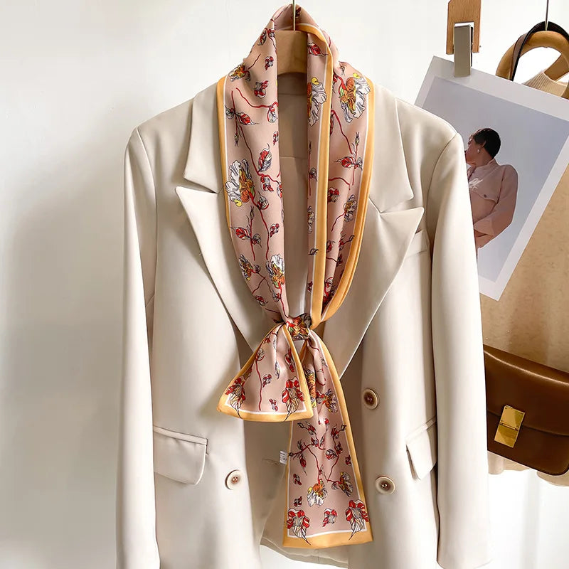 Women's Silk-Feel Printed Scarf in 50 Colors – Luxury Long Narrow Design, Perfect as a Headband or Headscarf